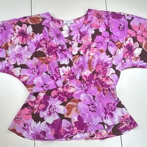 Gilli Pink & Purple Floral Kimono Sleeve Peplum Blouse